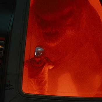 In a science fiction scene, two astronauts observe a large dinosaur through a glowing red containment window, evoking a sense of suspense and discovery. The environment features futuristic elements and an intense color palette.