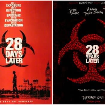 An illustration depicting two movie posters side-by-side for '28 Days Later' and '28 Years Later.' The left poster features a red background with bold text and a biohazard symbol, while the right poster showcases the same symbol made of skulls, emphasizing a horror theme. Both posters highlight the passage of time and the aftermath of a devastating epidemic.