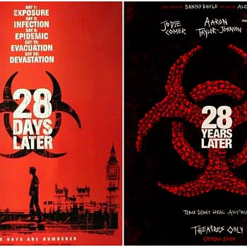 An illustration depicting two movie posters side-by-side for '28 Days Later' and '28 Years Later.' The left poster features a red background with bold text and a biohazard symbol, while the right poster showcases the same symbol made of skulls, emphasizing a horror theme. Both posters highlight the passage of time and the aftermath of a devastating epidemic.