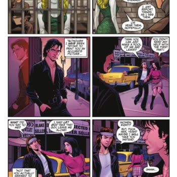 A comic book illustration depicting three panels of dialogue between characters in a city environment. One character appears in a jail cell, while others are outside, engaged in a tense discussion, with a yellow taxi visible in the background.