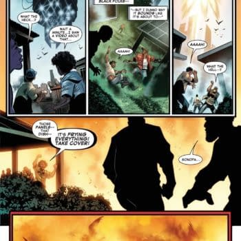 A comic panel depicting a dramatic scene in The Bronx, where characters react to a floating platform called the ‘Skydream’. There’s chaos as explosions occur in the background, and characters are seen running and shouting in alarm.