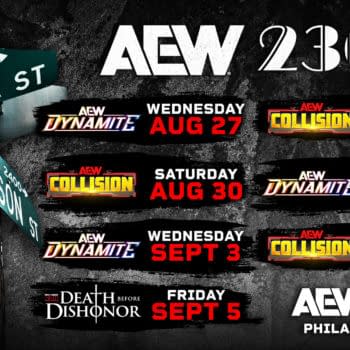 A promotional graphic featuring the AEW logo and details for the 2300 Arena residency events. It includes dates for various wrestling shows like AEW Dynamite and AEW Collision, alongside a street sign indicating Ritner and Swanson streets in Philadelphia.