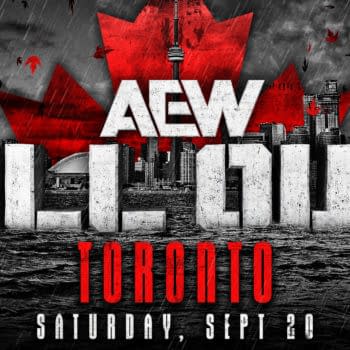 A promotional graphic for the AEW All Out event in Toronto, featuring bold letters spelling 'ALL OUT' against a dramatic background of a city skyline and a red maple leaf. The date is marked as Saturday, September 20.