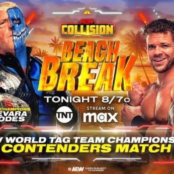 A graphic for the AEW Beach Break event featuring four professional wrestlers. Sammy Guevara and Dustin Rhodes are on the left, while Cru and another wrestler are on the right, all displayed against a vibrant beach background.