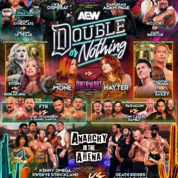 A colorful graphic featuring the AEW logo and the text 'Double or Nothing,' showcasing various wrestlers and matches scheduled for the event, including championship bouts and a segment titled 'Anarchy in the Arena.'
