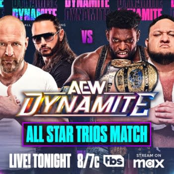 A promotional graphic for an AEW Dynamite wrestling match featuring multiple wrestlers, with bold text announcing an All Star Trios Match. The design features vibrant colors and the AEW logo prominently displayed.