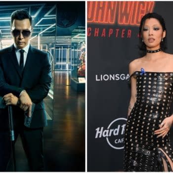A promotional collage featuring two images side by side: on the left, a character from 'John Wick' in a suit holding a gun, and on the right, Rina Sawayama in a stylish, strapless black dress with silver studs, attending a premiere for 'John Wick: Chapter 4.'