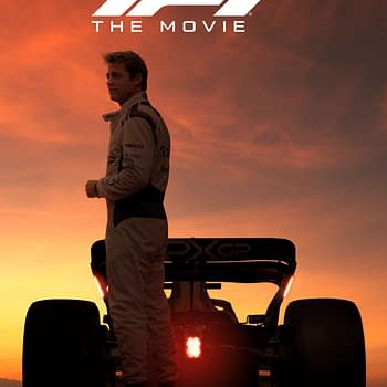 A dramatic movie poster for 'F1: The Movie' featuring a racecar driver in a racing suit against a stunning sunset background. The poster highlights the film’s release date and includes the names of notable cast members.