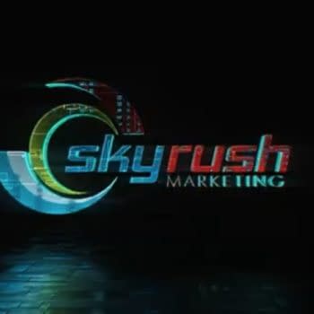 The logo for Skyrush Marketing, featuring stylized text and a circular graphic element, is displayed against a dark background. The text is highlighted in vibrant colors, emphasizing its digital marketing focus.