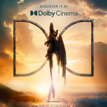 A promotional illustration for 'How to Train Your Dragon' featuring a dragon and its rider in a fantastical landscape, framed by the iconic Dolby Cinema logo and the film's title and release date at the bottom.