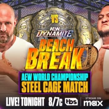 A promotional graphic for an AEW wrestling event, AEW Dynamite: Beach Break, featuring two male wrestlers facing off, with a championship belt in the background. The title 'Beach Break' is prominently displayed along with event details.