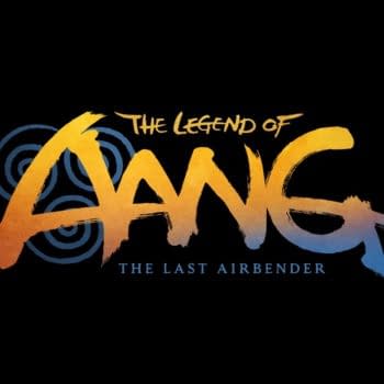 A logo for 'The Legend of Aang: The Last Airbender,' featuring stylized, colorful lettering with swirling water symbols in the background.