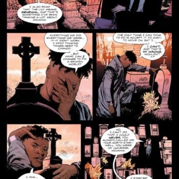 A comic panel depicting a cemetery scene, featuring a young man in emotional contemplation amidst gravestones. He touches a cross, and his expressions convey deep sadness and reflection about renewal and change.