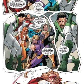 A comic book illustration featuring a dynamic group of superheroes in action, engaged in a conversation filled with urgency and humor. Characters express concern and determination as they face a chaotic situation.