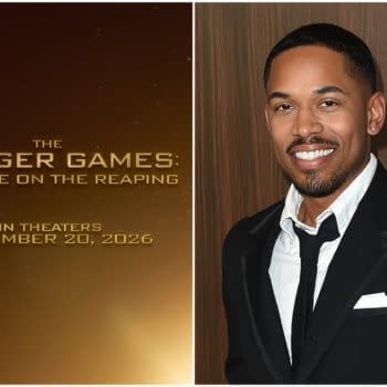 Kelvin Harrison Jr. smiles while wearing a black suit and white shirt, featured alongside promotional text for the movie 'The Hunger Games: Sunrise on the Reaping,' which is set to release in theaters on November 20, 2026.