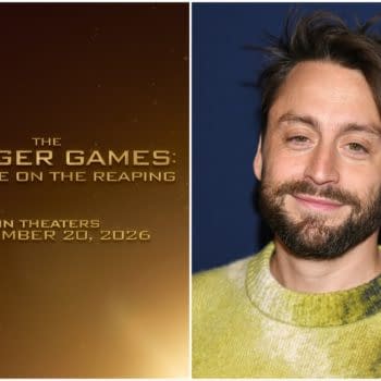A promotional image for the film "The Hunger Games: Sunrise on the Reaping," featuring Kieran Culkin smiling in a colorful sweater against a dark blue background. The title and release date are displayed prominently.