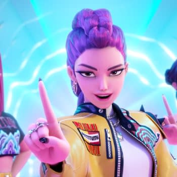 A vibrant cartoon illustration featuring three animated female characters from 'KPop Demon Hunters,' posed confidently with stylish outfits and expressive gestures, set against a futuristic, glowing background.