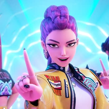 A vibrant cartoon illustration featuring three animated female characters from 'KPop Demon Hunters,' posed confidently with stylish outfits and expressive gestures, set against a futuristic, glowing background.