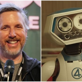 A split image featuring Matthew Wood, a smiling man with gray hair and a microphone, alongside Herbie, a cartoon robot with a friendly face and the number four on its chest, representing the Fantastic Four.