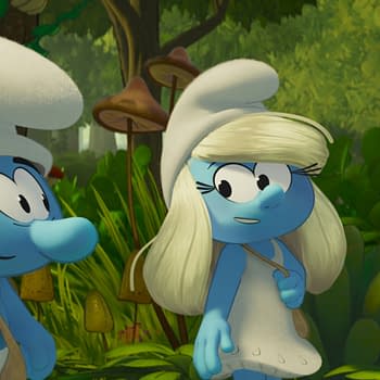 An animated scene featuring two Smurfs, No Name and Smurfette, in a lush green forest. No Name is blue with a white hat and bag, while Smurfette, also blue, has blonde hair and is wearing a white dress.
