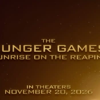 A digital promotional banner for 'The Hunger Games: Sunrise on the Reaping', featuring golden text on a dark gradient background, announcing the film's release date of November 20, 2026.