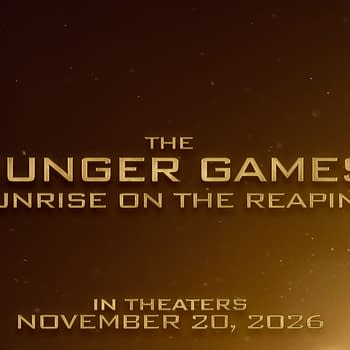 A digital promotional banner for 'The Hunger Games: Sunrise on the Reaping', featuring golden text on a dark gradient background, announcing the film's release date of November 20, 2026.