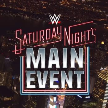 Logo for WWE Saturday Night's Main Event featuring bold typography and the WWE logo, set against a night skyline.