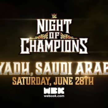 A promotional graphic for WWE's Night of Champions event featuring bold text. It displays the event title along with the location, Riyadh, Saudi Arabia, and date, Saturday, June 28th, set against a dark background.