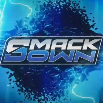 Logo for WWE SmackDown featuring bold text and a dynamic blue and black design with lightning effects.