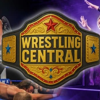 A championship belt labeled 'Wrestling Central' prominently displayed in the center, with dynamic wrestling action happening on either side featuring two wrestlers in action-filled poses. The background hints at an intense wrestling match atmosphere.