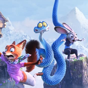 A cartoon illustration from "Zootopia 2" featuring the characters Nick Wilde, a fox wearing a floral shirt, Judy Hopps, a rabbit, and Gary De’Snake, a snake, all appearing startled and leaping in a vibrant, mountainous landscape filled with greenery and flowers. This animated scene captures the adventurous spirit of Disney's upcoming release.