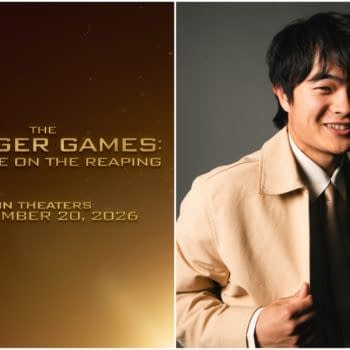 A promotional image featuring the title "The Hunger Games: Sunrise on the Reaping" with release details beside a smiling young man dressed in a beige jacket and tie, suggesting his role in the upcoming film.
