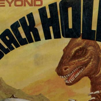 A vintage comic book cover featuring a large dinosaur alongside the title 'The Black Hole' in bold letters. The background has a gradient of warm colors, evoking a sci-fi theme.