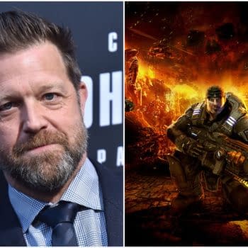 A split image featuring David Leitch on the left, a filmmaker with a beard and wearing a suit, and the right side depicting a character from 'Gears of War' wielding a large weapon against a fiery, apocalyptic background.