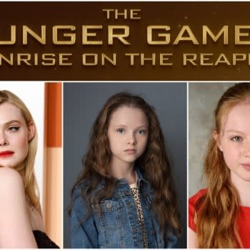 Three portraits of young actresses, possibly from 'The Hunger Games: Sunrise on the Reaping.' The first wears a glamorous black dress, the second has long curly hair in a denim jacket, and the third features wavy red hair in a red top.