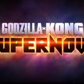 A stylized logo for 'Godzilla x Kong: Supernova,' featuring bold, dramatic typography with 'Godzilla' and 'Kong' above a large, fiery 'SUPER NOVA.' The background suggests a cosmic theme with vibrant colors and a celestial effect.