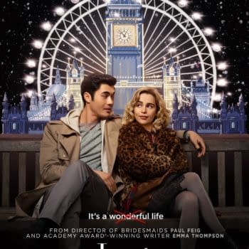 A promotional poster for the film "Last Christmas," featuring Emilia Clarke and Henry Golding sitting on a bench with a festive London backdrop, including a large illuminated Big Ben and a Ferris wheel, with snowflakes falling. The release date is noted as November 8.