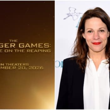 Lili Taylor smiles in a professional setting, wearing a black blazer and white blouse, promoting her role in 'The Hunger Games: Sunrise on the Reaping,' with the film title and release date prominently displayed.