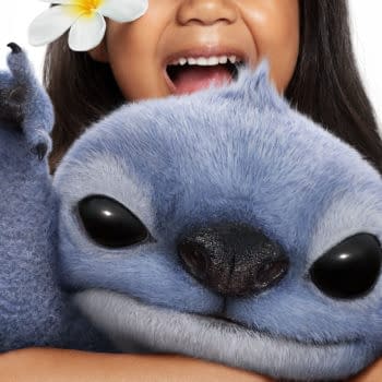 A cartoon illustration featuring a young girl joyfully holding a large, fluffy blue creature resembling Stitch from Lilo & Stitch, with a white flower in her hair.