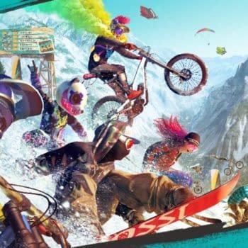 A vibrant illustration from 'Riders Republic,' depicting diverse extreme sports activities including mountain biking, snowboarding, and paragliding in a mountainous landscape. The scene features multiple athletes in action, surrounded by colorful elements and snow.