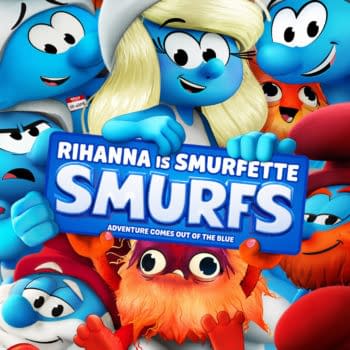 A colorful cartoon poster featuring various Smurfs, including Smurfette, highlighted by the text "Rihanna is Smurfette". The tagline "Adventure Comes Out of the Blue" is prominently displayed, along with a note stating the movie will be in theaters soon.