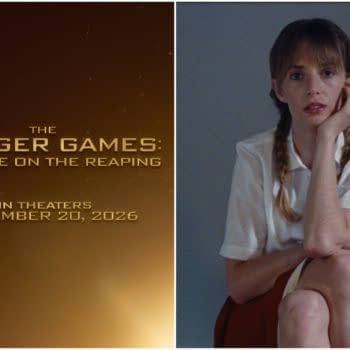 A still from the upcoming movie 'The Hunger Games: Sunrise on the Reaping,' featuring an actress with braided hair, sitting on a red chair and gazing thoughtfully while wearing a white blouse. The film's title and release date, November 20, 2026, are displayed in a stylized font.