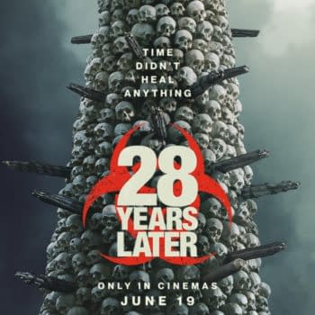A movie poster for '28 Years Later' featuring a tower of skulls surrounded by dark clouds, with the title prominently displayed in bold red and white letters, and the tagline 'Time didn't heal anything' included.