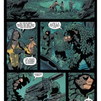 A comic book panel featuring characters wearing camouflage ghillie suits in a dense jungle setting, discussing their equipment and readiness for a mission. Dialogue bubbles convey their conversation about the ghillie suits and weapons check.