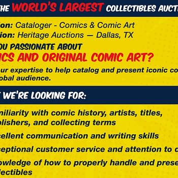 A colorful recruitment flyer for a Comics Cataloger position at Heritage Auctions, featuring bold text asking if you are passionate about comics and original comic art. Key qualifications include familiarity with comic history and excellent communication skills.