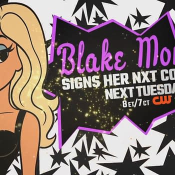 A cartoon-style illustration of a woman with blonde hair wearing a black top, showing excitement as she points to her lips. The background features a lively design with stars and bold text announcing her signing an NXT contract next Tuesday.