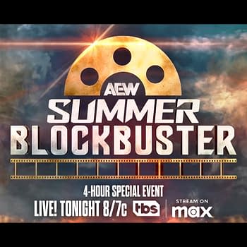 A graphic featuring the AEW Summer Blockbuster logo, set against a dramatic background with clouds and light effects. The design incorporates film reel elements and text announcing a 4-hour live special event.