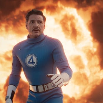 Illustration featuring Pedro Pascal as Reed Richards/Mister Fantastic, dressed in a blue suit with the number four emblem, amidst a fiery backdrop, representing his role in Marvel Studios' 'The Fantastic Four: First Steps'.