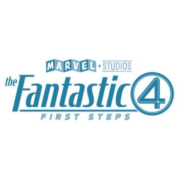 Logo for 'The Fantastic Four: First Steps' by Marvel Studios, featuring bold lettering in blue with the title prominently displayed and a circular element around the number four.