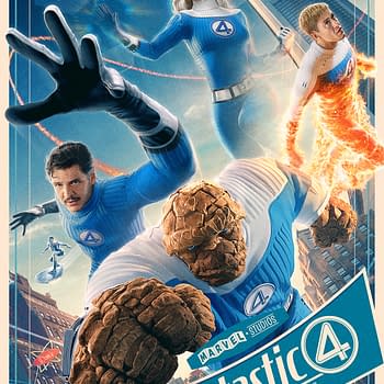 A colorful promotional poster for 'The Fantastic Four: First Steps' featuring the four superheroes in dynamic poses. It highlights their iconic blue outfits and abilities, with a futuristic city backdrop.